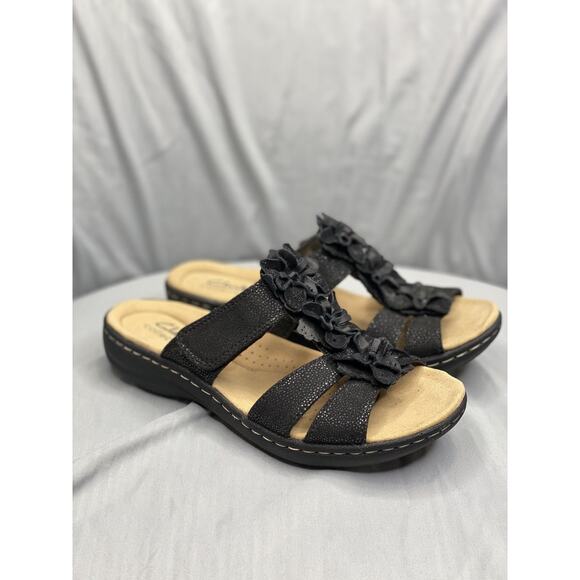 Clarks Laurieann Judi Leather Slide Sandals Floral Accent Women's 5.5 Black - Picture 2 of 5